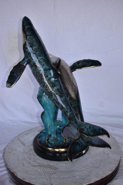 Pair of Blue Whales Swimming in The Ocean Bronze Statue Size: 21" x 20" x 27"H.