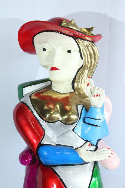 NIFAO Colorful Picasso Style Bronze Woman Bust with Red Hat 18" x 16" x 32"H