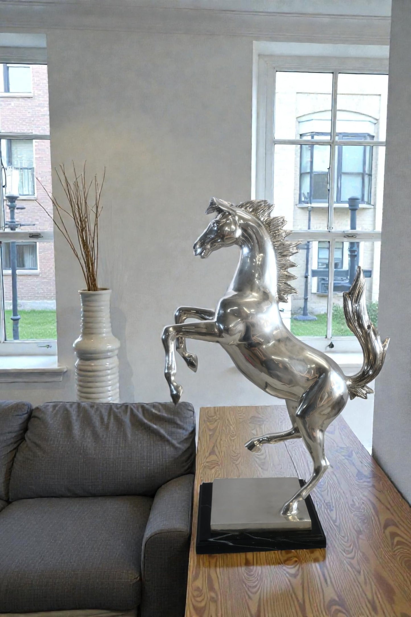 Ferrari Prancing Horse Bronze Silver Finish Sculpture 20"x9"x29"H