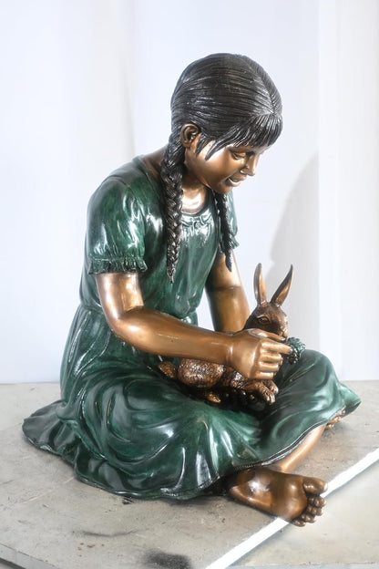 Bronze Braided Girl Feeding Rabbit Green Dress Sculpture 24"x20"x24"H