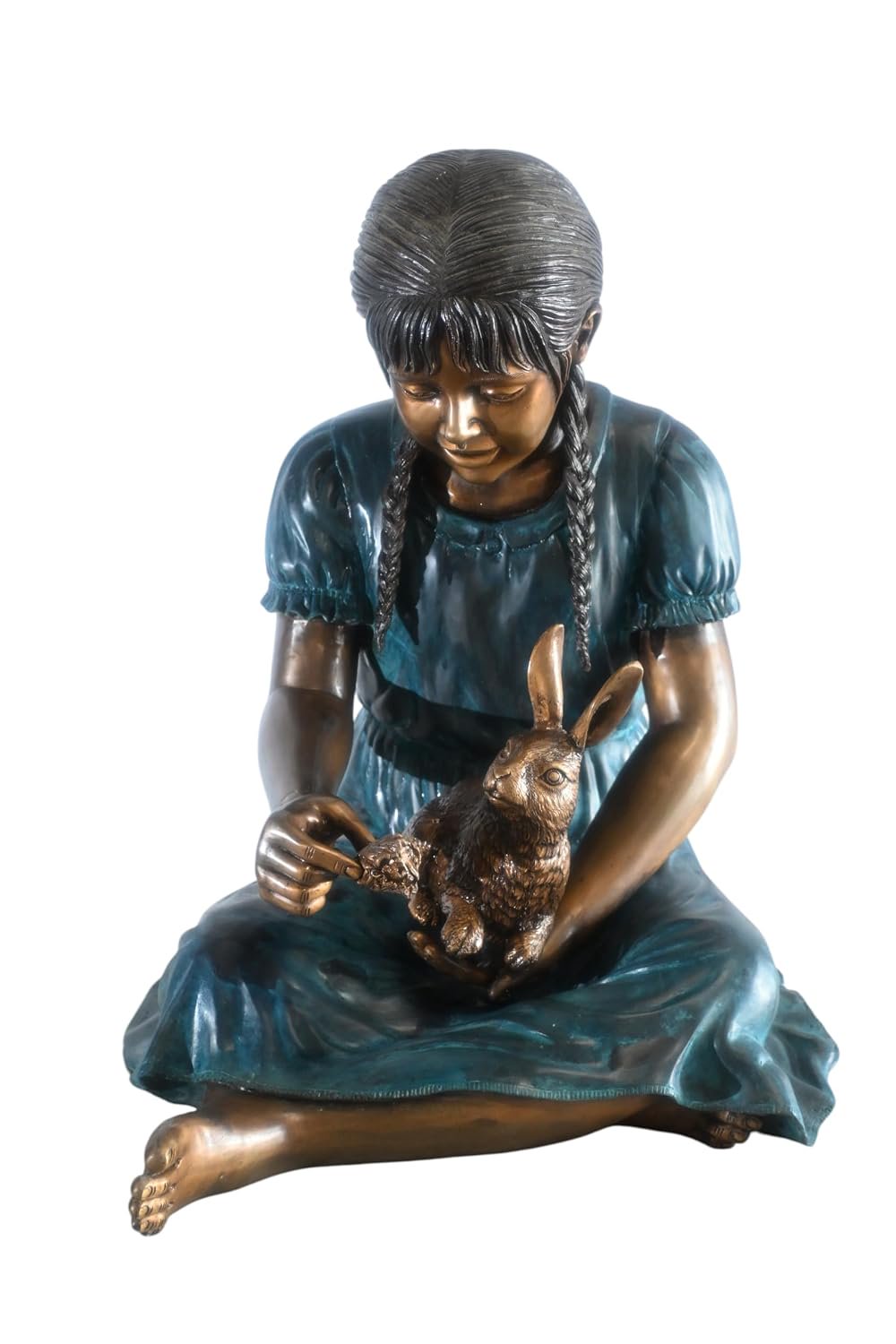 Bronze Braided Girl Feeding Rabbit Blue Patina Sculpture 24"x20"x24"H
