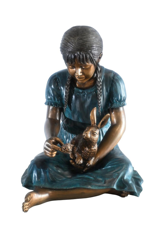 Bronze Braided Girl Feeding Rabbit Blue Patina Sculpture 24"x20"x24"H
