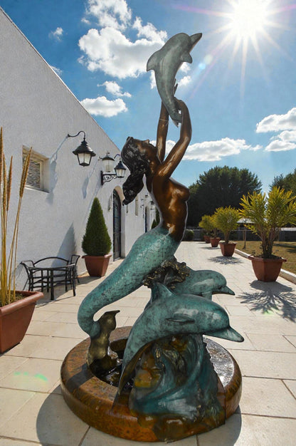 Mermaid and Three dolphins fountain bronze statue - Size: 34"L x 41"W x 83"H.
