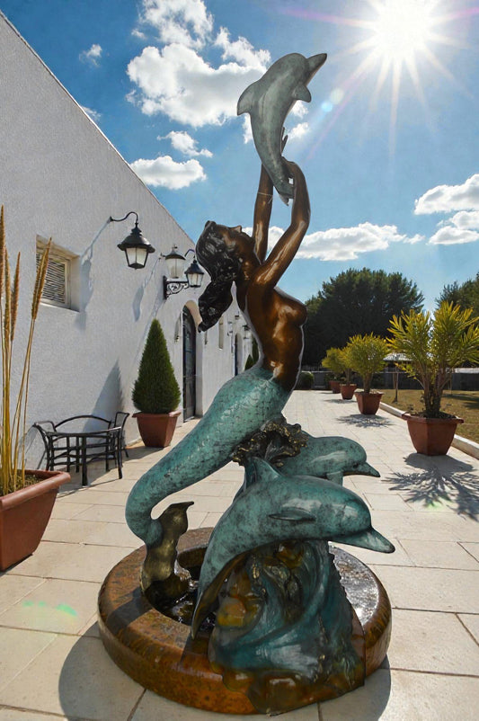 Mermaid and Three dolphins fountain bronze statue - Size: 34"L x 41"W x 83"H.