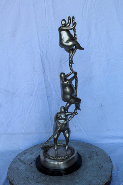 Three Voluptuous Women Climbing a Rope Statue, Silver Finish 12" x 12" x 32"H