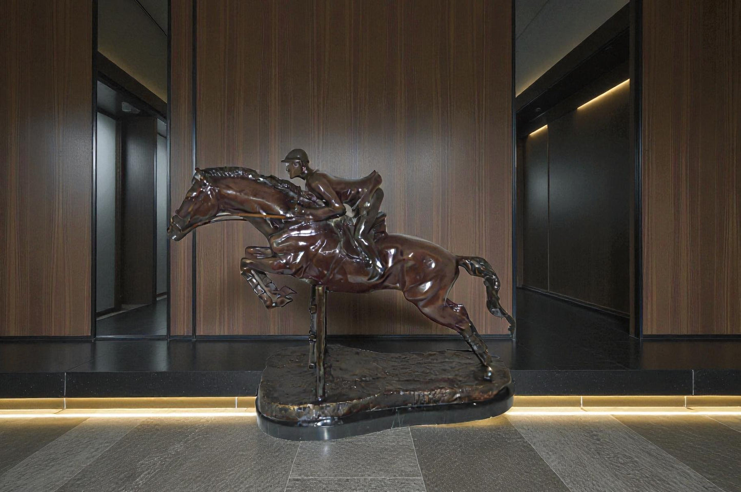 Jockey With Horse Jumping Over Hurdle Bronze Statue Medium  23"L x 10"W x 16"H.