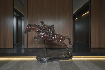 Jockey With Horse Jumping Over Hurdle Bronze Statue Medium  23"L x 10"W x 16"H.