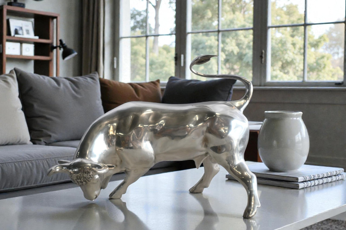 Charging Bull Silver Finish Bronze Wall Street Replica 16"x12"x13"H