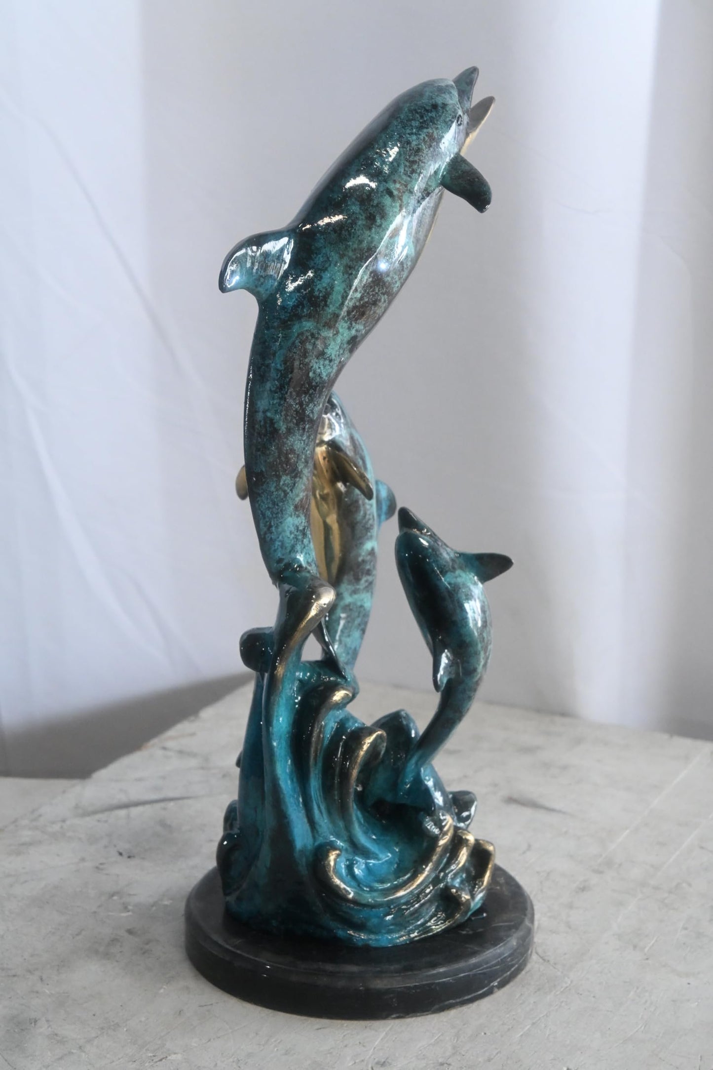 Three Leaping Dolphins on Waves Bronze Sculpture 10"x9"x19"H