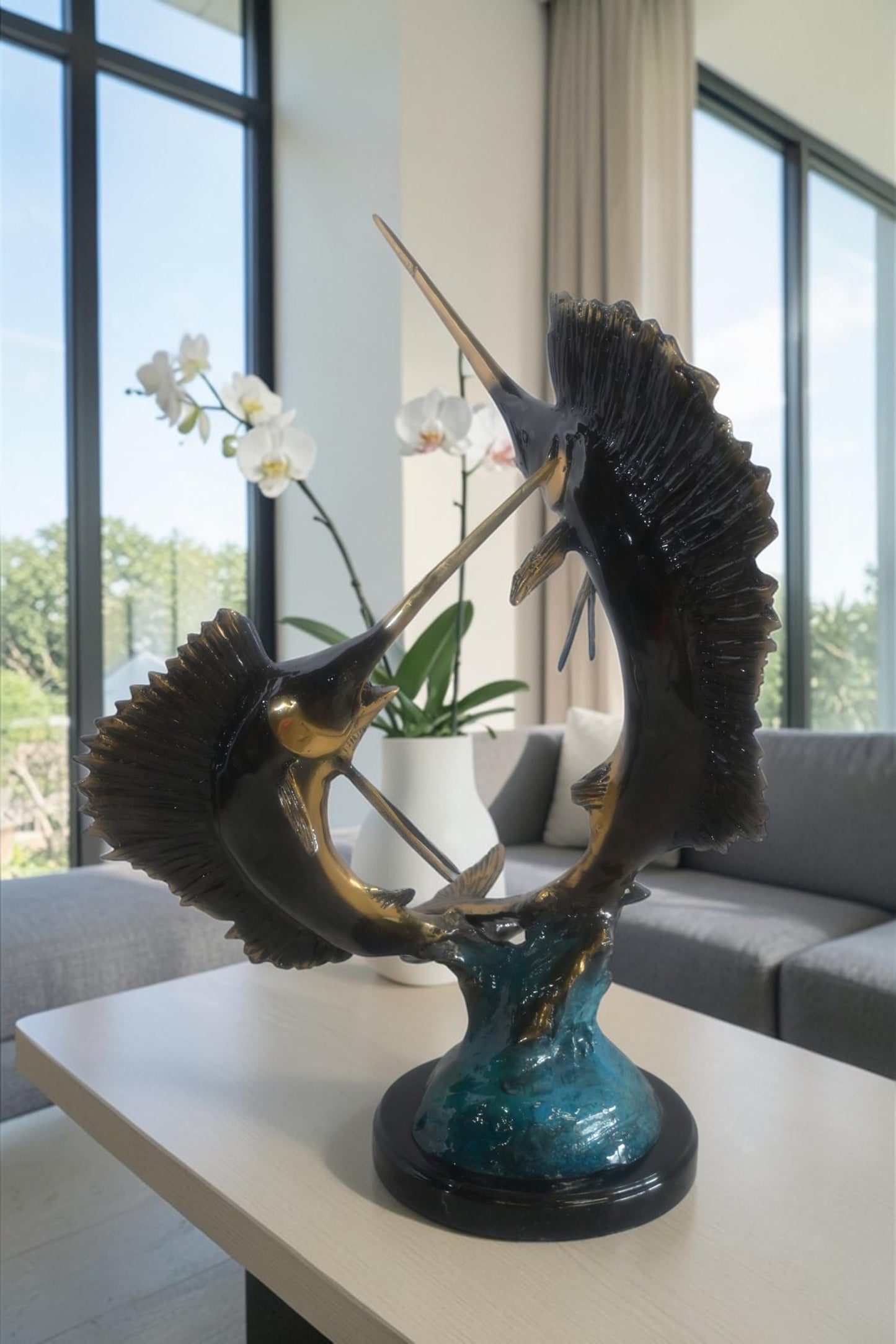 Bronze Dual Sailfish Sculpture on Wave Base and Marble 11"x10"x20"H