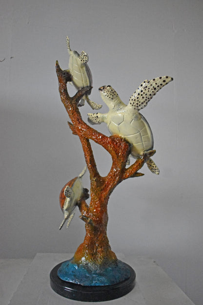 Nifao Three Turtles Bronze Statue on Marble Base – Lost Wax Ocean-Inspired Sculpture with Patina Finish - 32" L x 32" W x 41" H