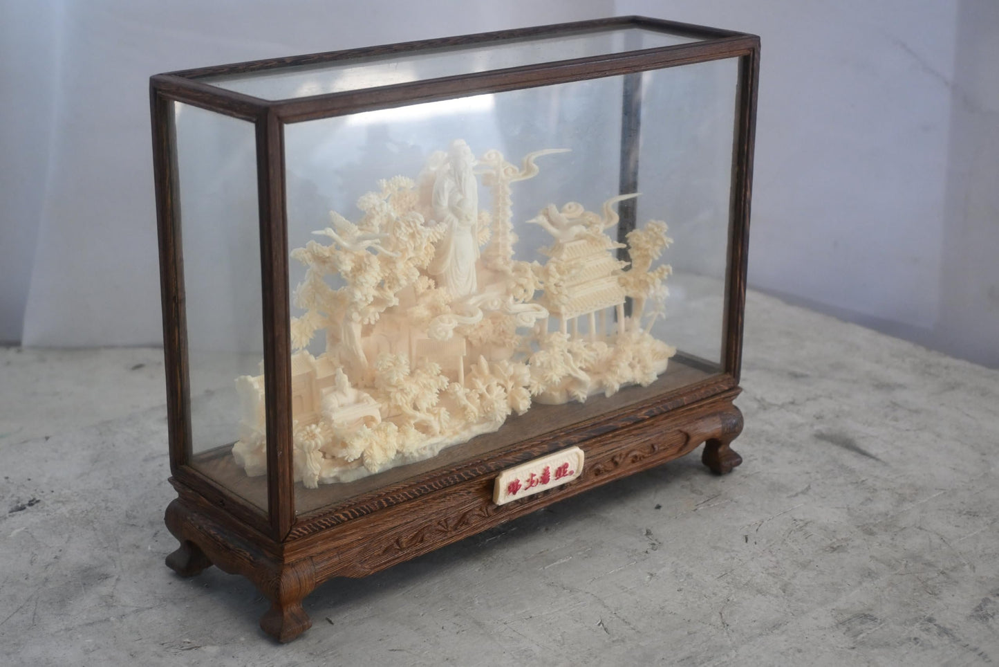 Carved Resin Chinese Scholar Landscape in Wood Case 12"x4"x9"H