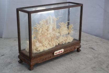 Carved Resin Chinese Scholar Landscape in Wood Case 12"x4"x9"H
