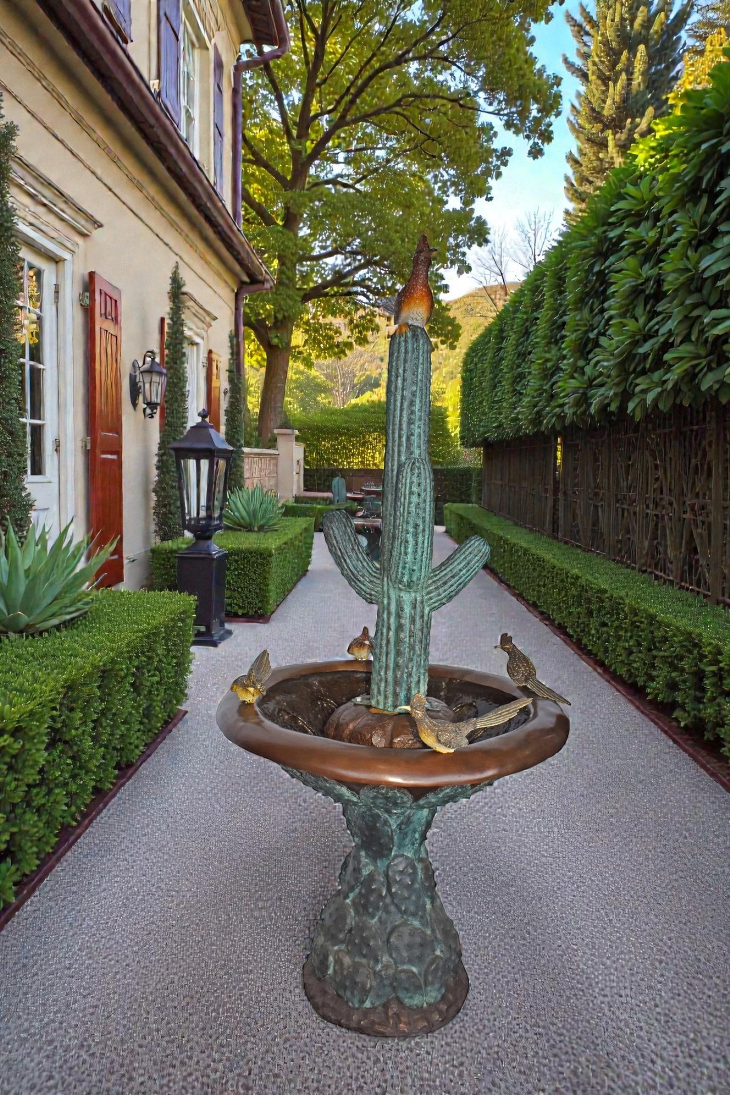 Birdbath With Five Roadunner Birds Bronze Statue - Size: 31" x 31" x 67"H