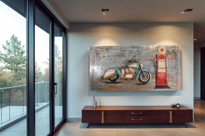 Vintage Motorcycle and Gas Pump Painting on Metal with 3D Effect 79" x 2" x 40"H