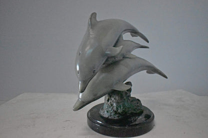 Three Grey Dolphins Swimming Bronze Statue on Marble - Size: 16"L x 9"W x 13"H.