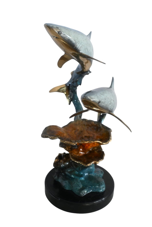 Two Sharks Bronze Sculpture Coral Reef Base 19"x11"x23"H