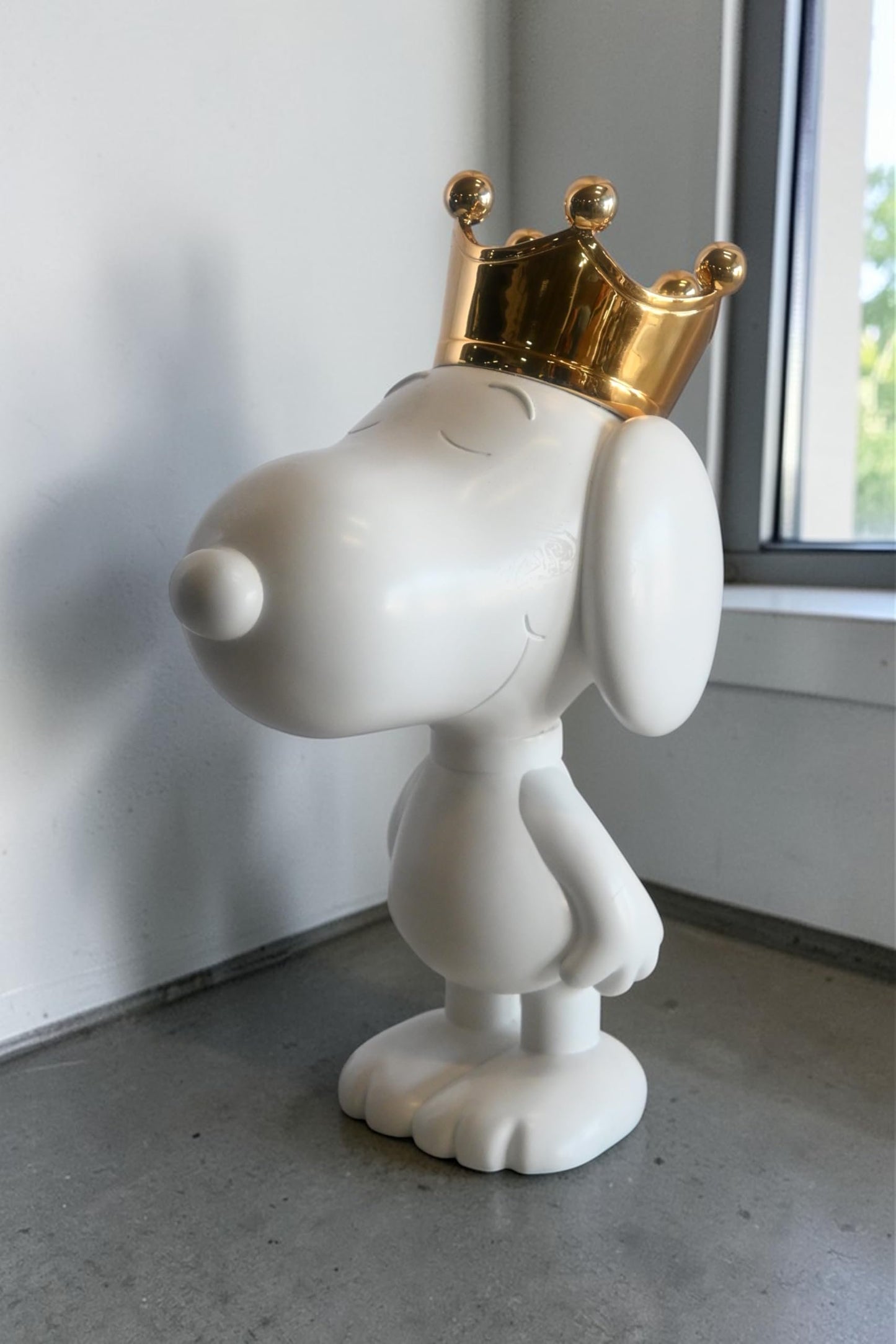 White Resin Snoopy Inspired Dog Figurine with Gold Crown 12"x8"x18"H
