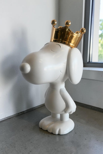 White Resin Snoopy Inspired Dog Figurine with Gold Crown 12"x8"x18"H