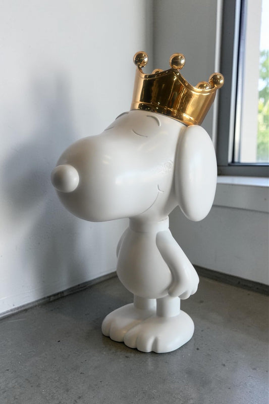 White Resin Snoopy Inspired Dog Figurine with Gold Crown 12"x8"x18"H