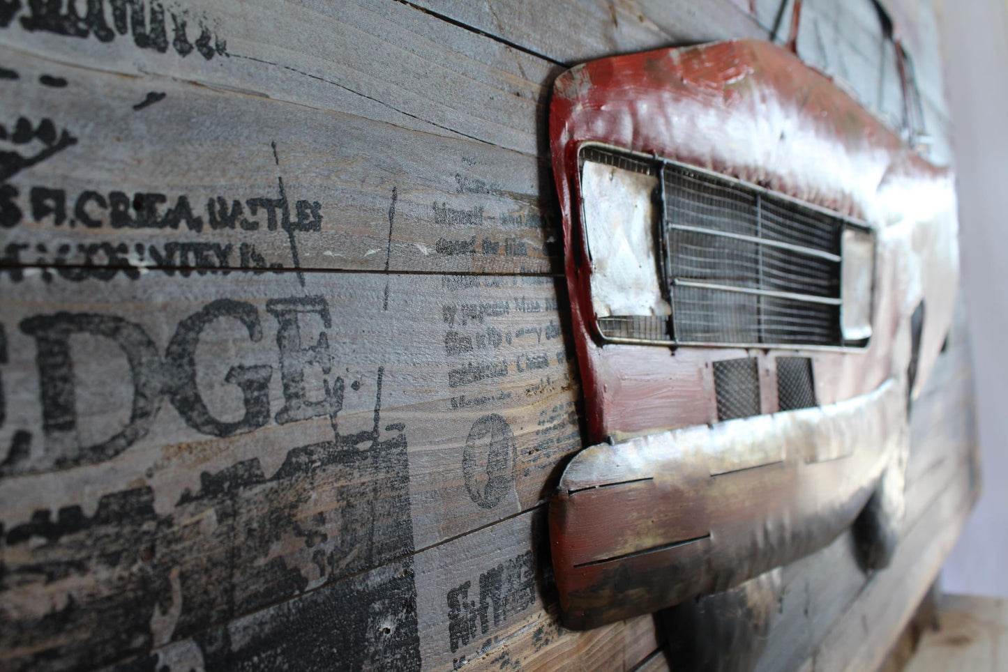 NIFAO Vintage Red Pickup Truck Painting on Wood with Raised Metal Accents 79" x 2" x 40"H