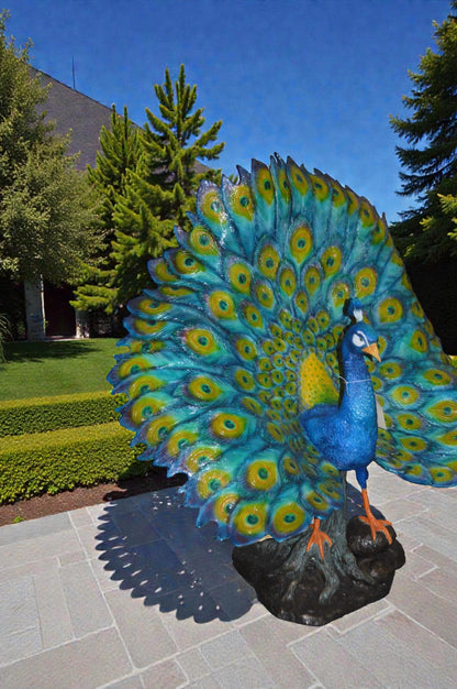 Colorful Peacock Bronze Statue -  Size: 24"L x 39"W x 35"H.