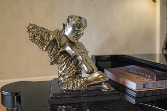 Man Playing the Violin Bronze Statue, Silver Finish - Size: 12"L x 9"W x 11"H.