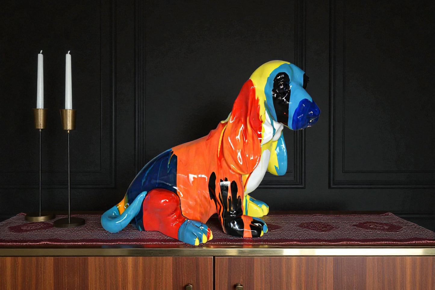 Modern Paint Drops Basset Hound Dog Statue Made of Resin Size: 16" x 8" x 13"H