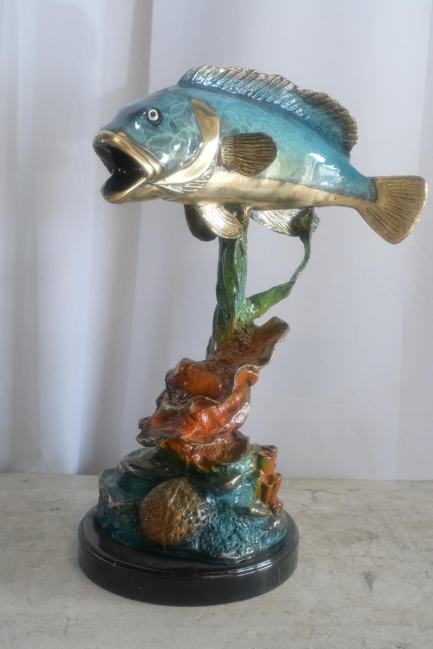 Bronze Bass Fish Sculpture on Coral Reef and Marble Base 18"x10"x26"H