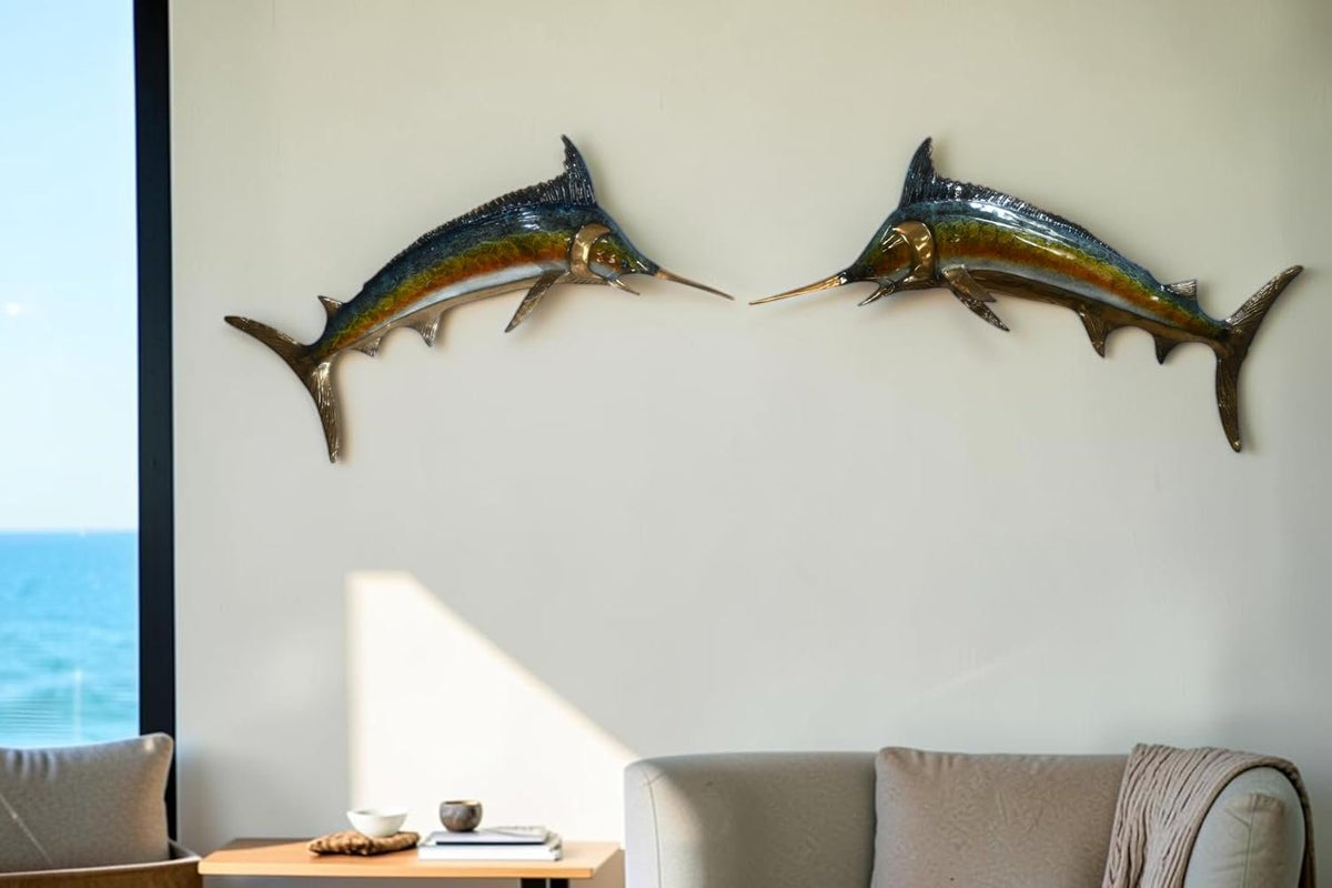Pair of Bronze Marlin Wall Sculptures Coastal Fish Decor 56"x24"x13"H