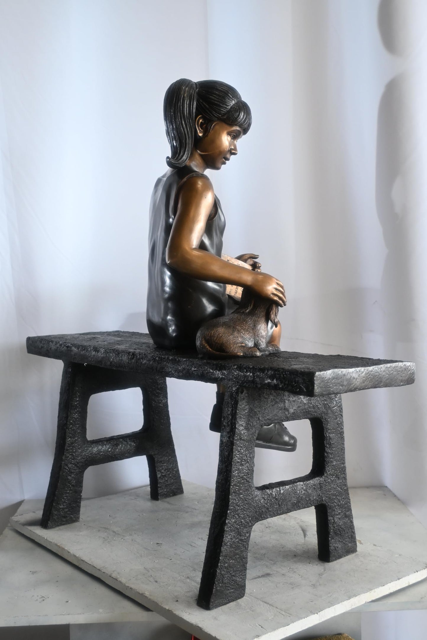 Bronze Girl Reading on Bench with Puppy Statue Sculpture 37"x15"x40"H