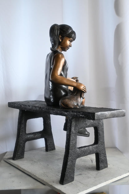 Bronze Girl Reading on Bench with Puppy Statue Sculpture 37"x15"x40"H