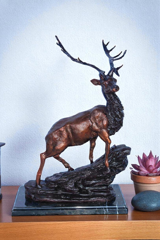 Bronze Statue of Deer Walking on Rocks, Elegant Wildlife Decor 15" x 7" x 21"H
