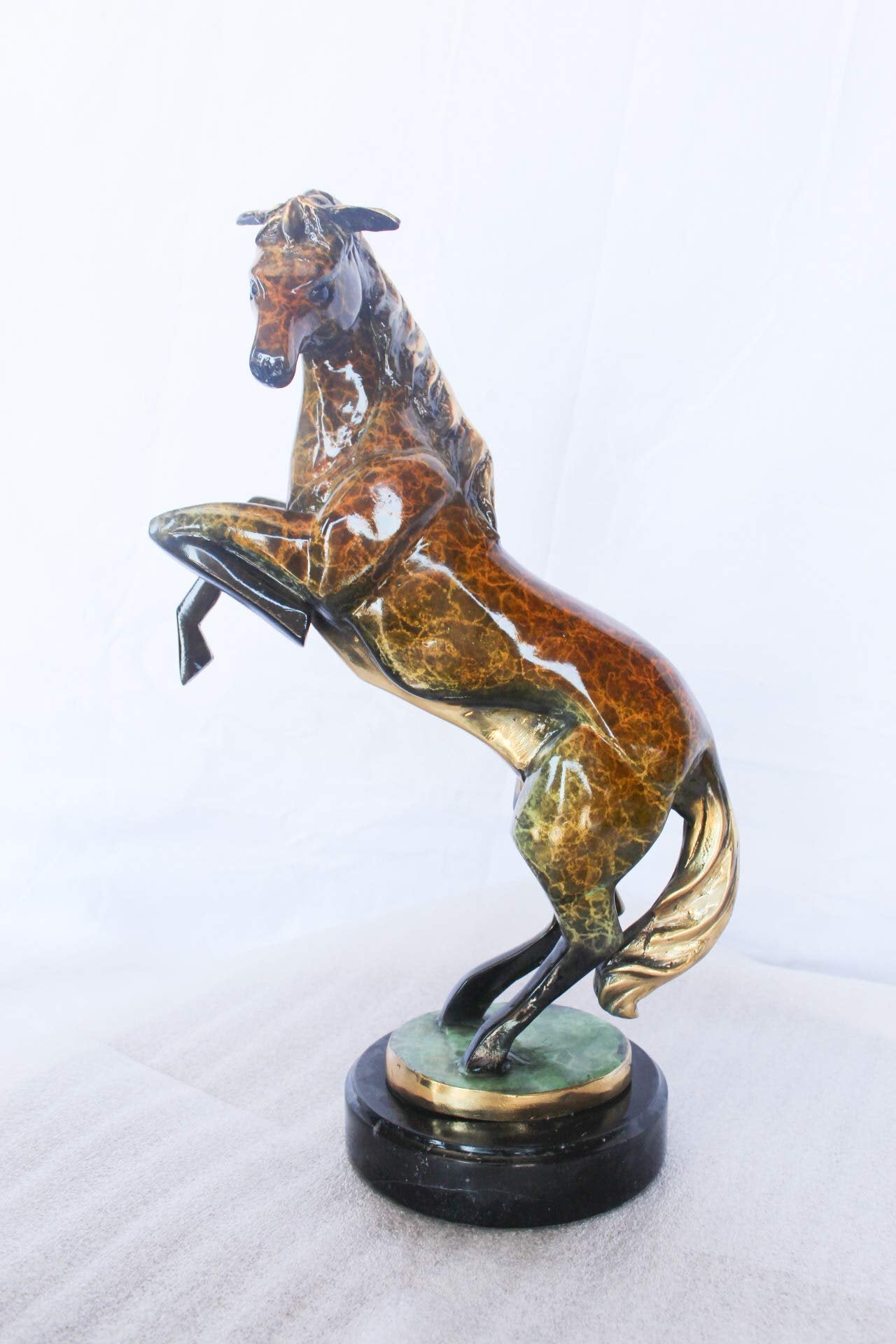 Colored rearing horse bronze statue -  Size: 14"L x 7"W x 21"H.