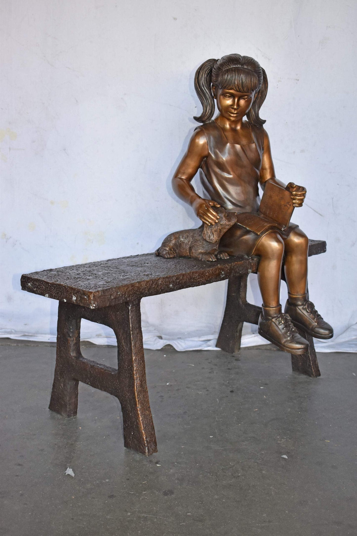 Young Girl with Her Puppy on Bench Reading Bronze Statue, Size 37" x 17" x 38"H