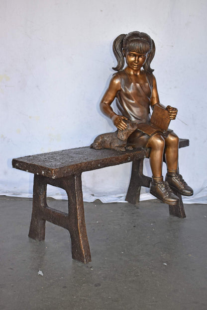 Young Girl with Her Puppy on Bench Reading Bronze Statue, Size 37" x 17" x 38"H