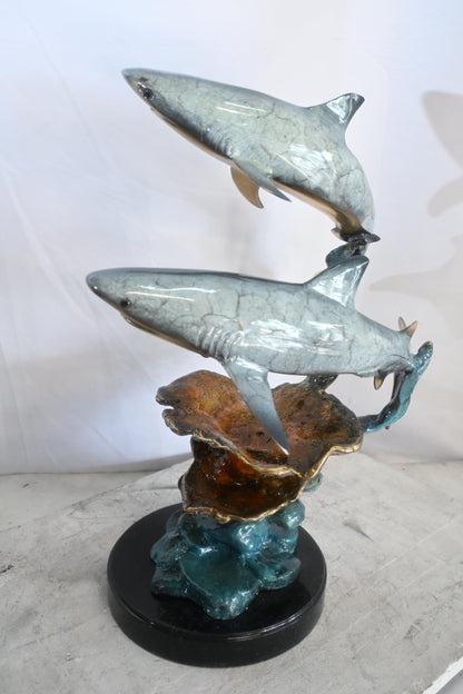Two Sharks Bronze Sculpture Coral Reef Base 19"x11"x23"H