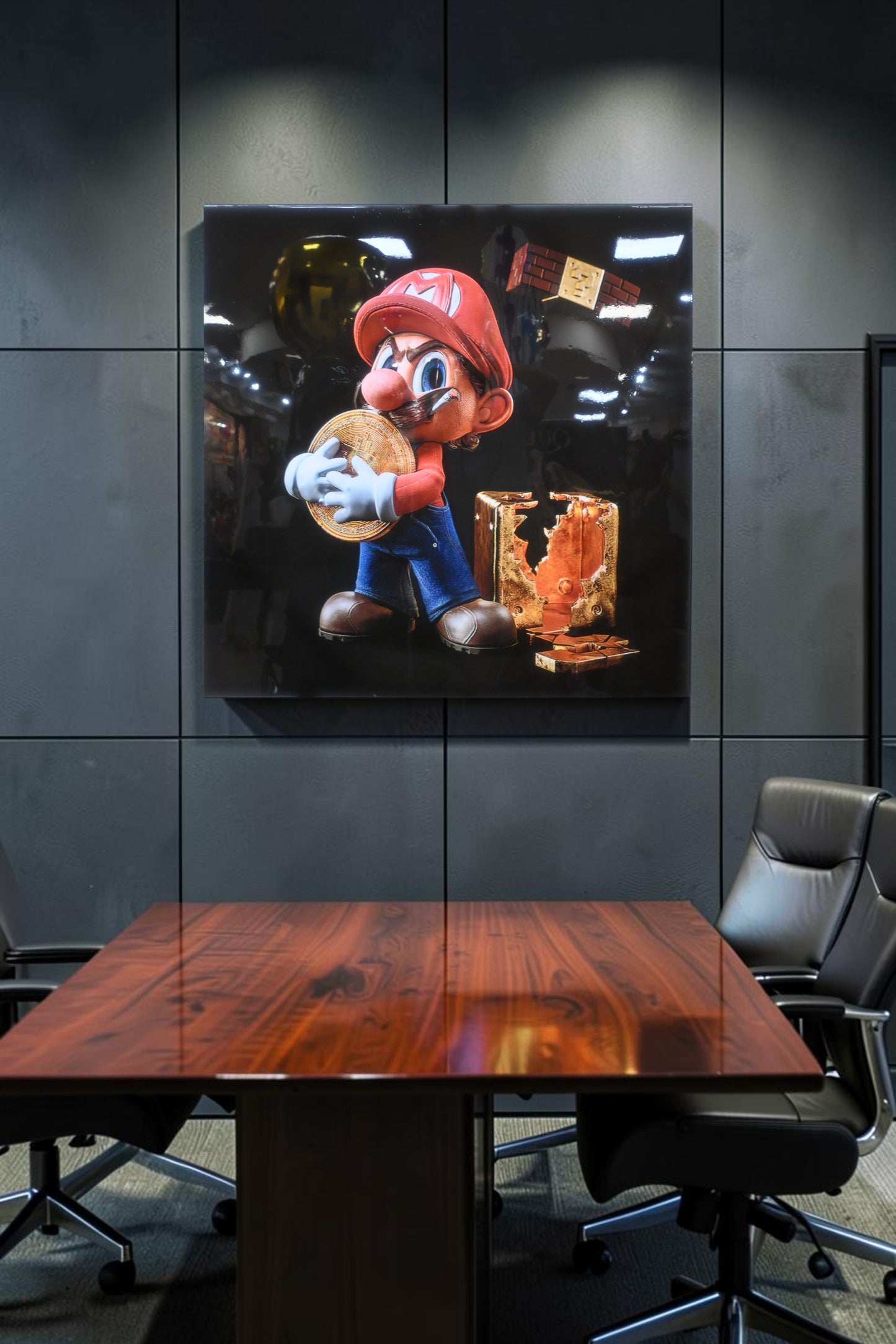 Mario Bitcoin Pop Art Resin Canvas 40x40 - Iconic Plumber Character with Gold Coin & Vault