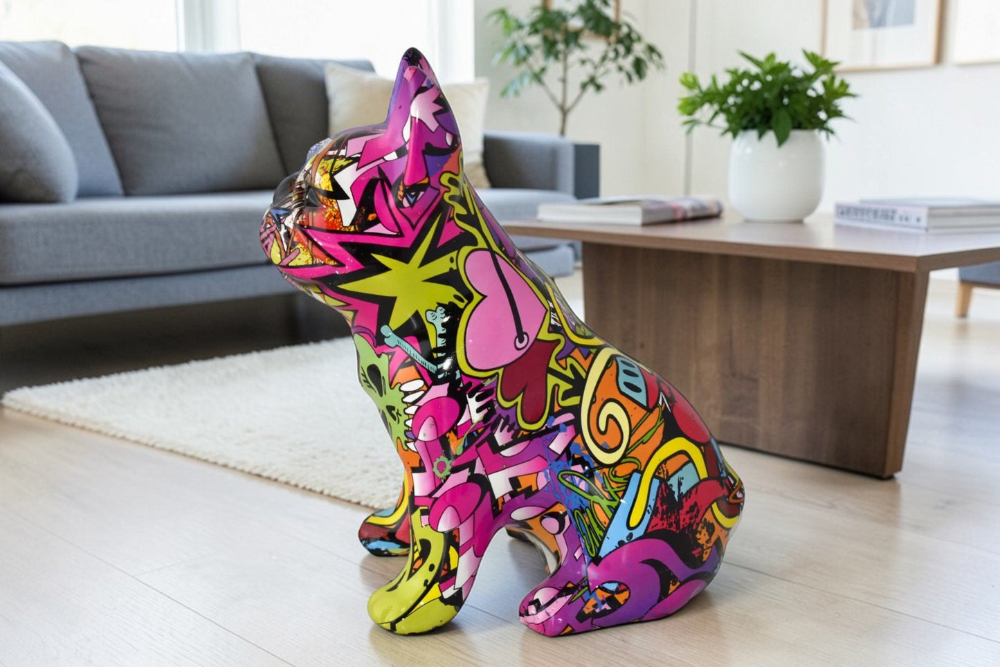 French Bulldog Painted Purple Graffiti Resin Statue Size: 8" x 5" x 10"H