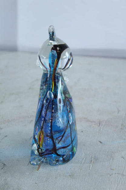 NIFAO Glass Cat Figurine Hand Blown Blue Millefiori Art Decor 5" x 3" x 7"H