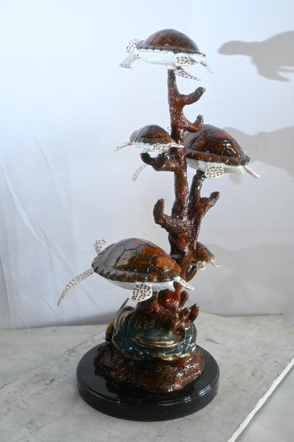 Five Sea Turtles Bronze Sculpture Coral Branch 20"x16"x30"H