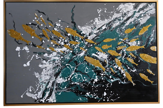 Melancholy Abstract Canvas Painting Gold Teal Framed Art 41"x61"