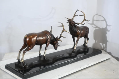 Bronze Locking Deer Stags Sculpture Marble Base 32"x8"x14"H