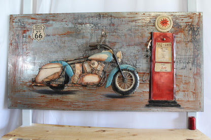 Vintage Motorcycle and Gas Pump Painting on Metal with 3D Effect 79" x 2" x 40"H