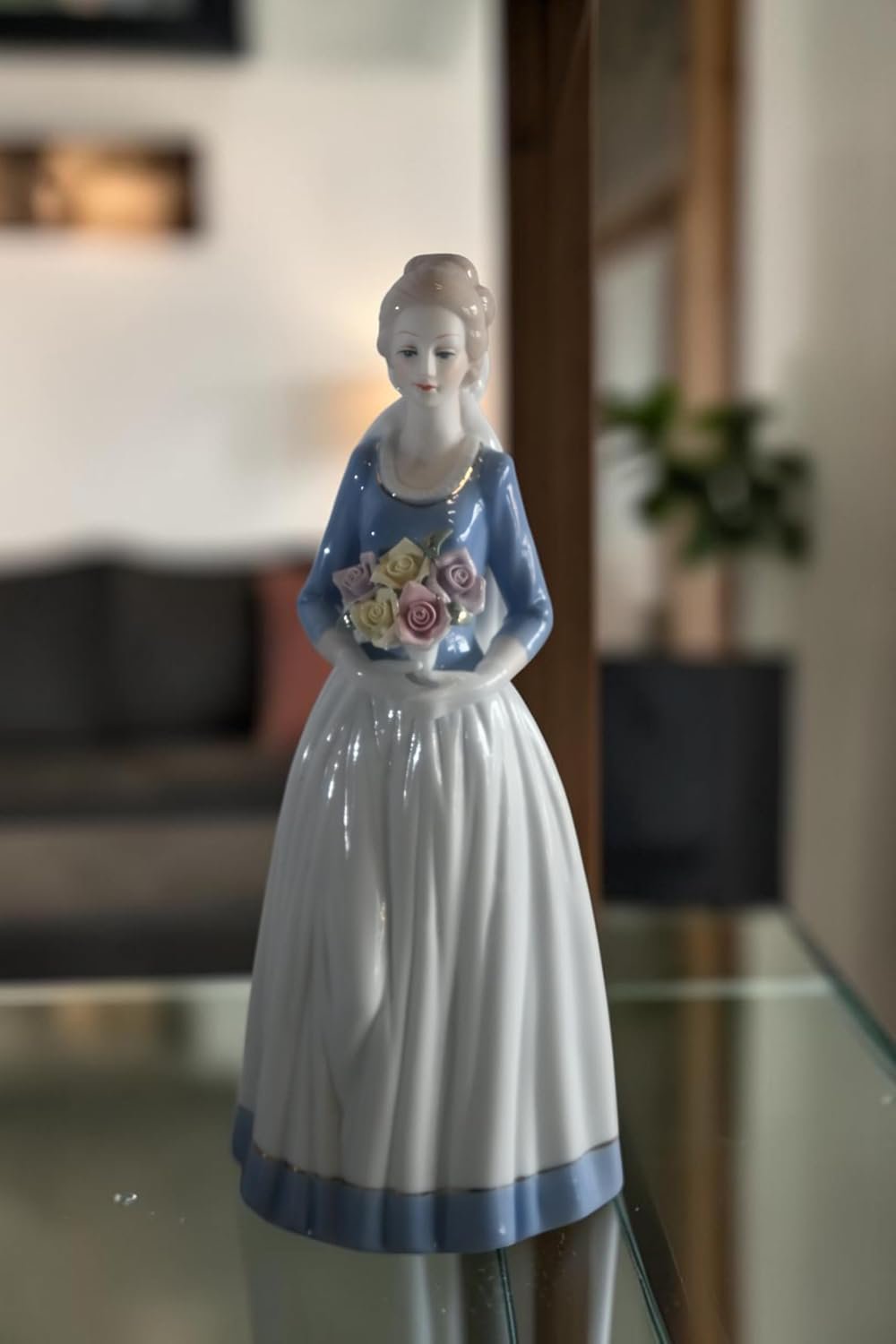 Porcelain Lady Blue Bodice White Skirt with Rose Bouquet 5"x4"x12"H