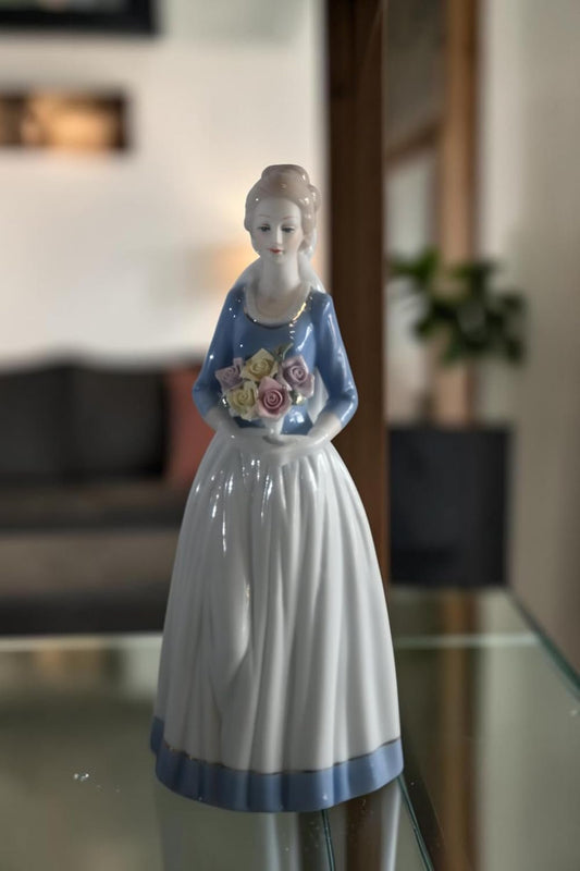 Porcelain Lady Blue Bodice White Skirt with Rose Bouquet 5"x4"x12"H