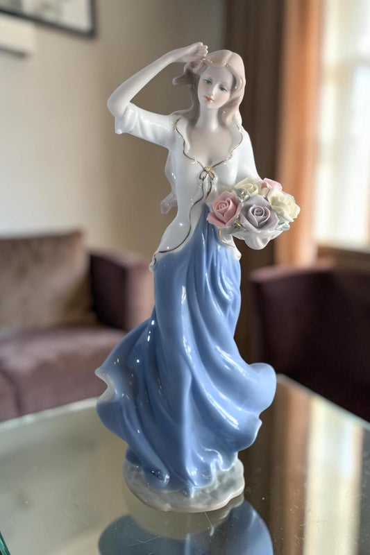 Porcelain Lady White Top Blue Skirt Holding Rose Bouquet 5"x4"x12"H