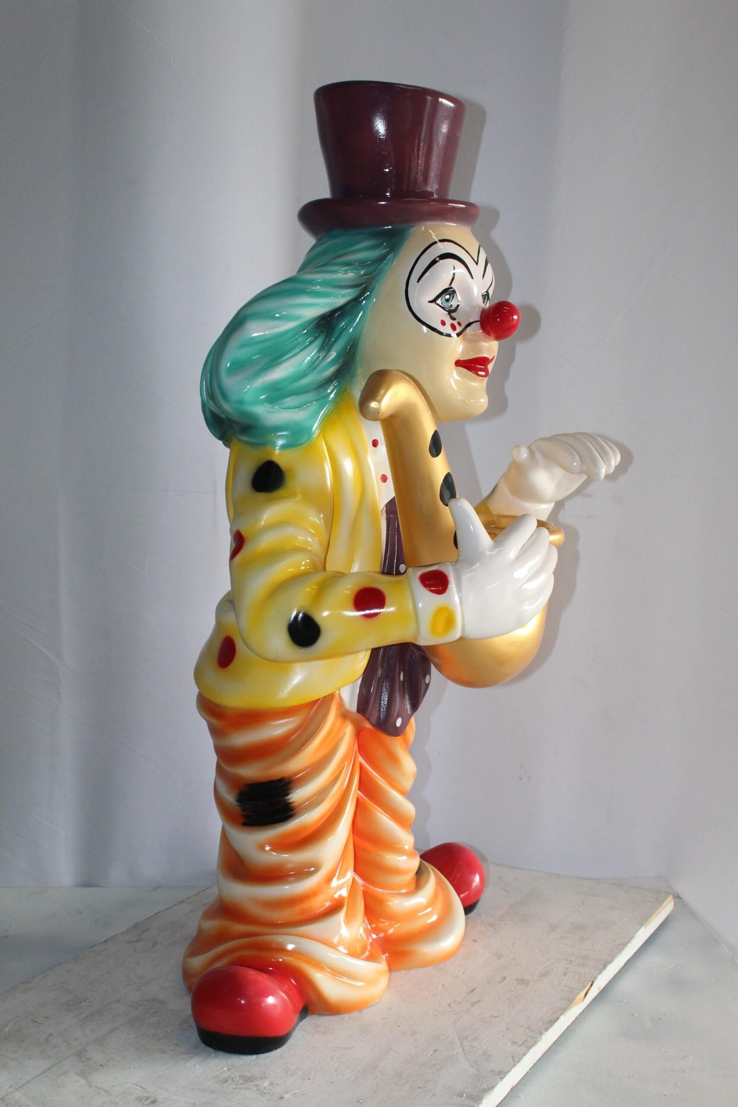 Whimsical Clown Fiberglass Statue, Jazzing Up with Saxophone 19" x 18" x 36"H