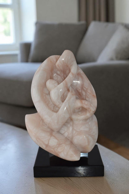 Mother and Child Marble Sculpture mounted on carousel base  12" x 11" x 19"H
