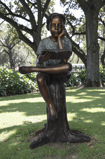 Boy Sitting on a Stump Reading a Book -  Size: 18"L x 20"W x 35"H.